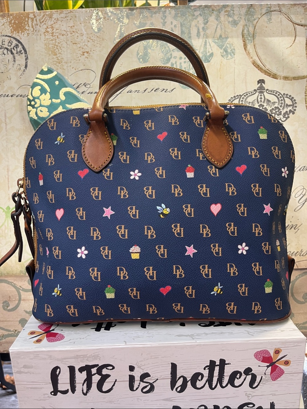 Dooney & Bourke Navy Satchel with Brown Trim and Multicolor Motifs - Picture 2 of 14